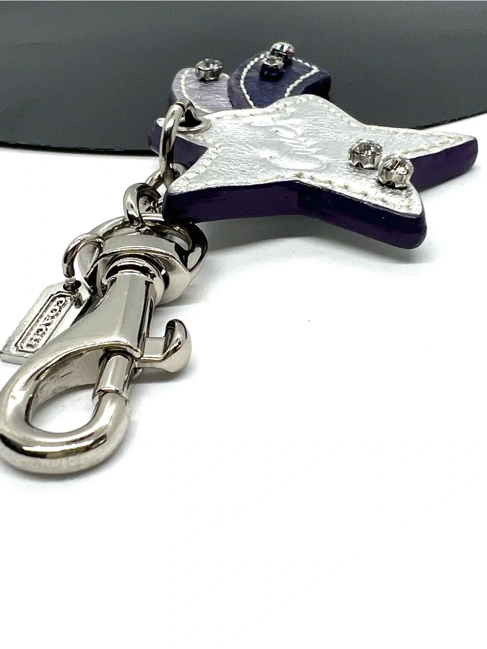 Authentic Coach Shooting Star Metallic Leather Rhinestone Bag Charm Keychain